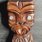 Vintage Maori Woodek Tiki Statue 11  Hand Carved Native New Zealand Paua Eyes