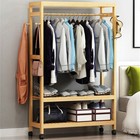 Freestanding Bamboo Clothes Rail Shelf Rolling Garment Closet Organizer Stand