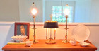 Vintage French Bouillette Double Brass Table Lamp With Tole Shade