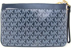New Michael Kors Jet Set Logo Charm Large Top Zip Wristlet clutch Navy gold