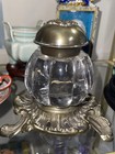 Antique Art Nouveau Brass   Crystal Inkwell Brass Ornate Lid- No Ink Included