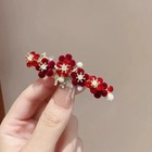 Retro Pearl Rhinestone Red Flower Hairpin Temperament Half-tied Spring Clip   