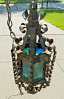 Vintage Gothic Spanish Style Steel Blue Stained Glass 19  Hanging Light Lamp