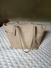 Michael Kors Jet Set Medium Beige Leather Zip Top Tote  Gold Hardware Charm
