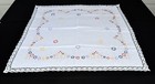 Vtg Hand Embroidered Multicolor Floral Bobbin Lace Edge Linen Square Tablecloth