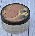 Vintage Art Deco Powder Box Beauty Jar Vanity Trinket Box Glass Pink Floral Lid