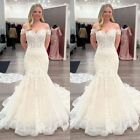 Beach Mermaid Wedding Dress Off Shoulder Lace Ivory Boho Sweep Train Bridal Gown