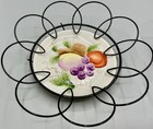 2 Vtg Ceramic Fruit Plates Black Metal Wire Round Wall Hanger Holder Hand Paint