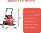 100ft 3 4 Inch 750w Drain Cleaning Machine Sewer Snake Auger With Auto Feed