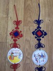 Set Of 2 Vintage Korean Traditional Wall Decor Metal Discs Blue Red Tassel Set
