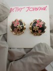 Vintage Betsey Johnson Floral Enamel Earrings Pink Black Gold-tone Studs Nos
