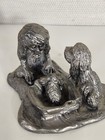 Michael Ricker Pewter Girl Playing W  Dog Puppy Basket Signed  509 Sculpture 2 