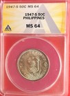 1947-s Philippines 50 Centavos - Anacs Ms64 - General Macarthur Commem10-5 