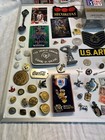 Junk Drawer Lot Vintage Military Pins Patches Jordon Basketball Cards Stamps