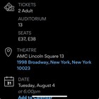 The Odyssey Imax 70mm Ticket X2 - Amc Lincoln Square 13 Nyc Ny 08 04 26 6 00pm