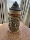 Vintage German 0 5l Beer Stein Tavern Scene Relief Lidded Stoneware Germany