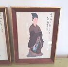 Pair Vintage Mid Century Japanese Figures Framed Prints Asian Decor