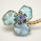 Vintage 1950s Frosted Glass Clover Brooch  Midcentury Blue Rhinestone Flower Pin