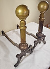 Vintage Brass Fireplace Andirons 18  Ball Top Pair Cast Iron Bases