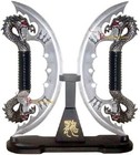 New 11  Silver Fire Dual Blades Fantasy Dragon Knives Sword Dagger W  Stand