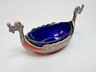 Theodor Olsen Norway Sterling Silver Enamel Cobalt Glass Salt Cellar Viking Ship
