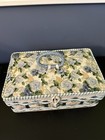 Vintage Sewing Basket Wicker Weave Blue Rose Fabric Top Loop Handle Floral