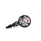 Vtg Victorian Pocket Hand Mirror Brass Handle Floral Embroidery Domed Glass