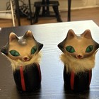 Vintage Ceramic Cat Salt   Pepper Shakers Pair Black Red Stripe Faux Fur Collar