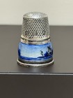 Antique Sterling Silver Sewing Thimble Enamel Blue Delft Windmills Germany Sz 4
