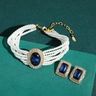 Vintage Pearl Choker Necklace Earrings Set Blue Crystal Sapphire Gold Plated