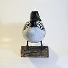 Vintage Hand Carved Painted Loon Figurine Wooden Standing On Log 8  Glass Eyes