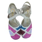 Vintage 1970s 80s Shoes Patchwork Suede Sandals Wedge Heel Pink Purple Blue 6