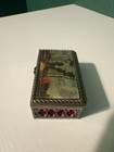 Vintage Japan Silver Tone Trinket Jewelry Box Scenic Lid Red Velvet Lined