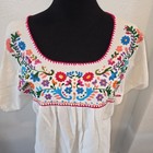 Vintage Mexican Peasant Blouse Floral Hand Embroidered Boho Top White Size M l