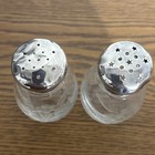 Vintage Etched Flower Glass   Sterling Silver Top Lids Salt And Pepper Shakers