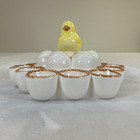 Vintage Ceramic 12 Egg Holder Brown Rim W chick Easter Spring Centerpiece Chrty