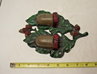 Vintage Painted Cast Iron Match Holder Acorn Oak Leaves Wall Mount Two Pocket