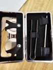 Vtg 1980s Mini Travel Bar Set Black Leather Case 2 Stainless Flasks Shot Cups
