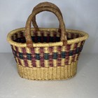 Vintage African Ghana Hand Woven Straw Market Basket W  Leather Handles Bolga  