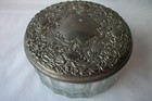 Vanity Powder Jar Vintage Glass Dish Silver Plate Mirrored Ornate Floral Lid 