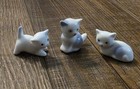 Miniature Porcelain Kitty Cat Figurines Set Of 3 White W blue Spots Pink Noses