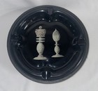 Vtg Heavy Black Glass Ashtray W  King   Bishop Design Holds 4 Cigars