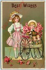 C1910s Best Wishes Embossed Postcard Girl Pushing Boy Rose Flower Wood Cart