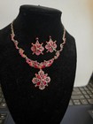 Pink Crystal Rhinestone Flower Necklace   Earrings Set Silver Tone Jewelry