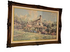 Huge Marty Bell 1988 Signed English Cottage Garden Art Print Framed Wall Decor