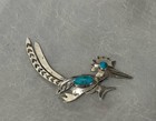 Vintage American Indian Navajo Sterling Silver   Turquoise Roadrunner Brooch
