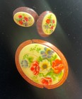 Vintage Floral Brooch And Clip-on Earrings Jewelry Set-faux Wood Frame