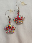 Red Ab Rhinestone Earrings Princess Crown Tiara Dangle Charm Silver Tone