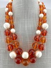 Vintage Chunky Beaded Necklace Earrings Set Orange Lucite Faux Pearl Clip On 20   