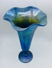 Gorgeous Signed  Lundberg Iridescent Blue Aurene Glass Trumpet Vase  10    Tall